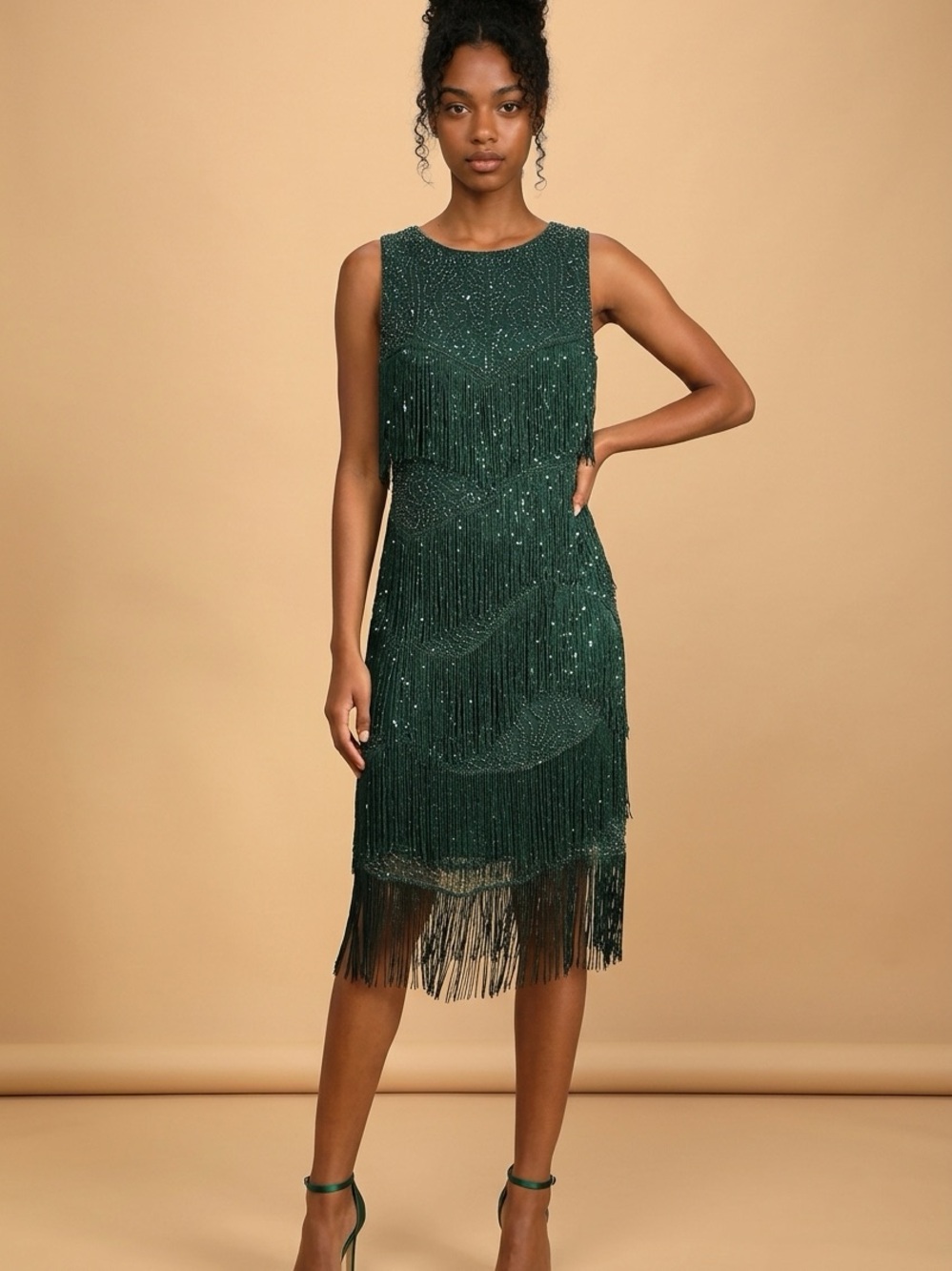 EUC Babeyond 1920s Art Deco Style Emerald Green Fringe Sequin Flapper Dress (XL)